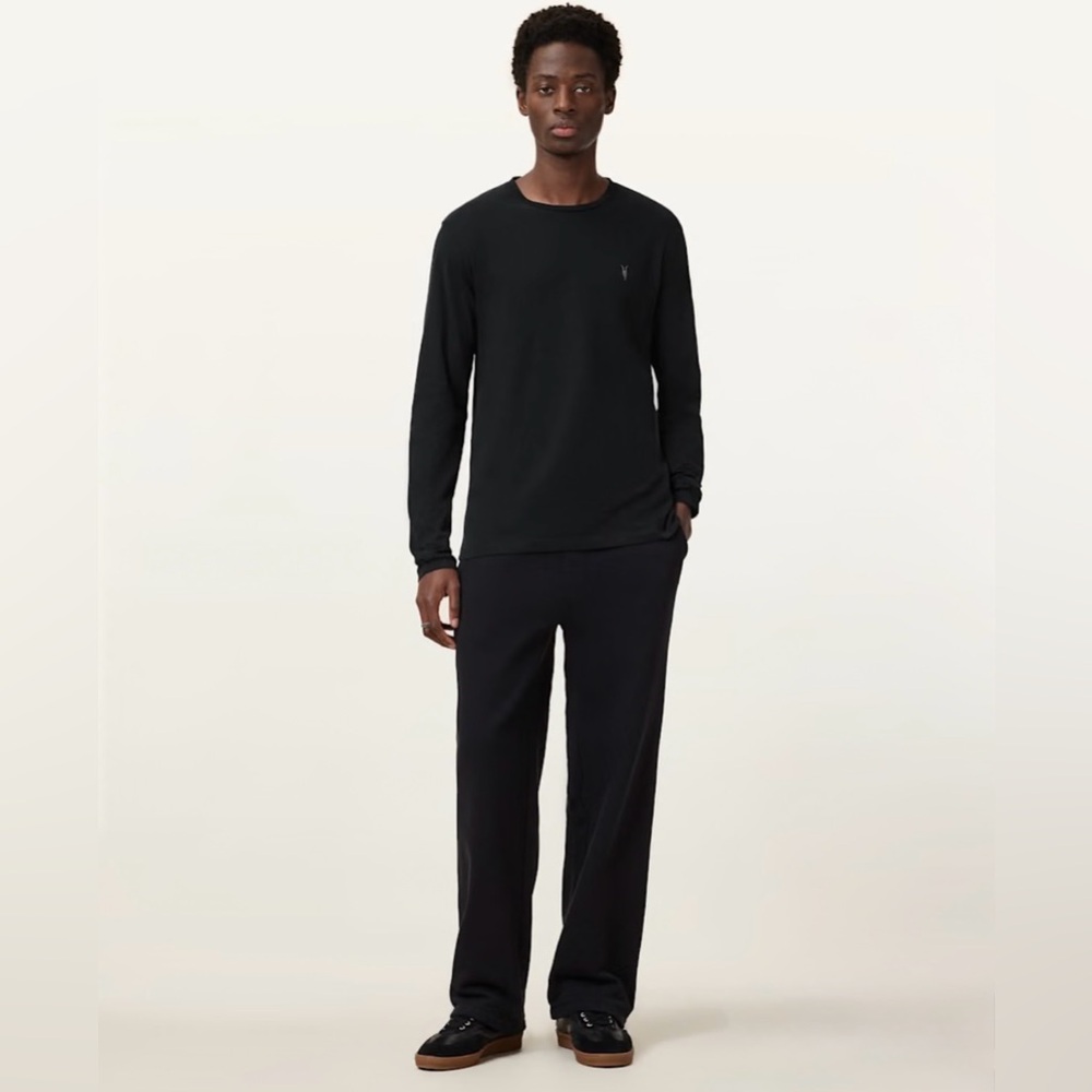 All Saints men’s Black Long-Sleeve Crewneck Shirt with Subtle Logo